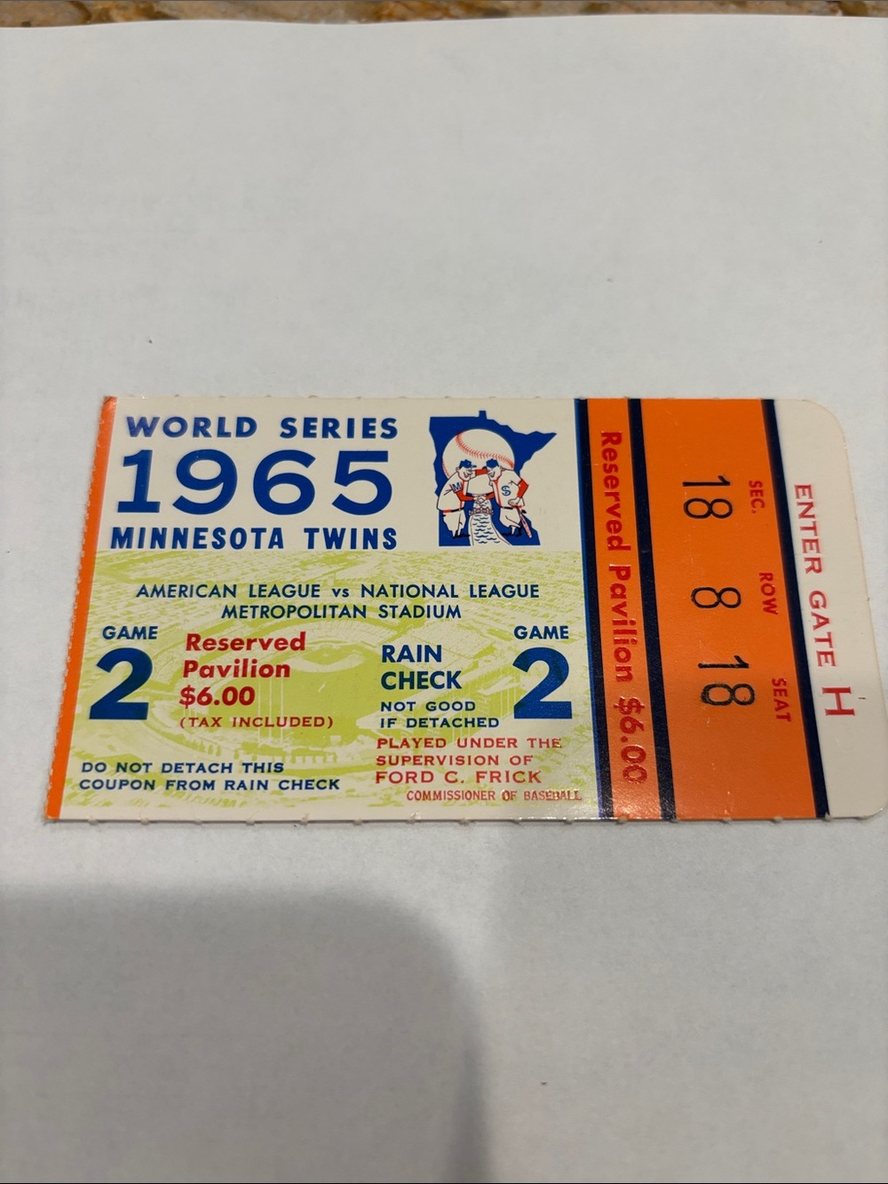 Ticket from 1965 World Series Minnesota Twins